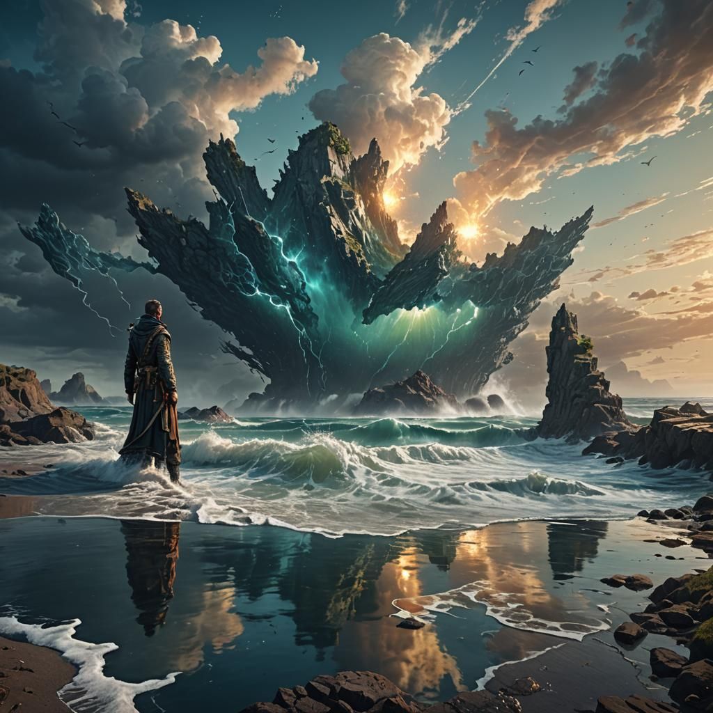 Person at Sea Edge: Detailed Matte Painting