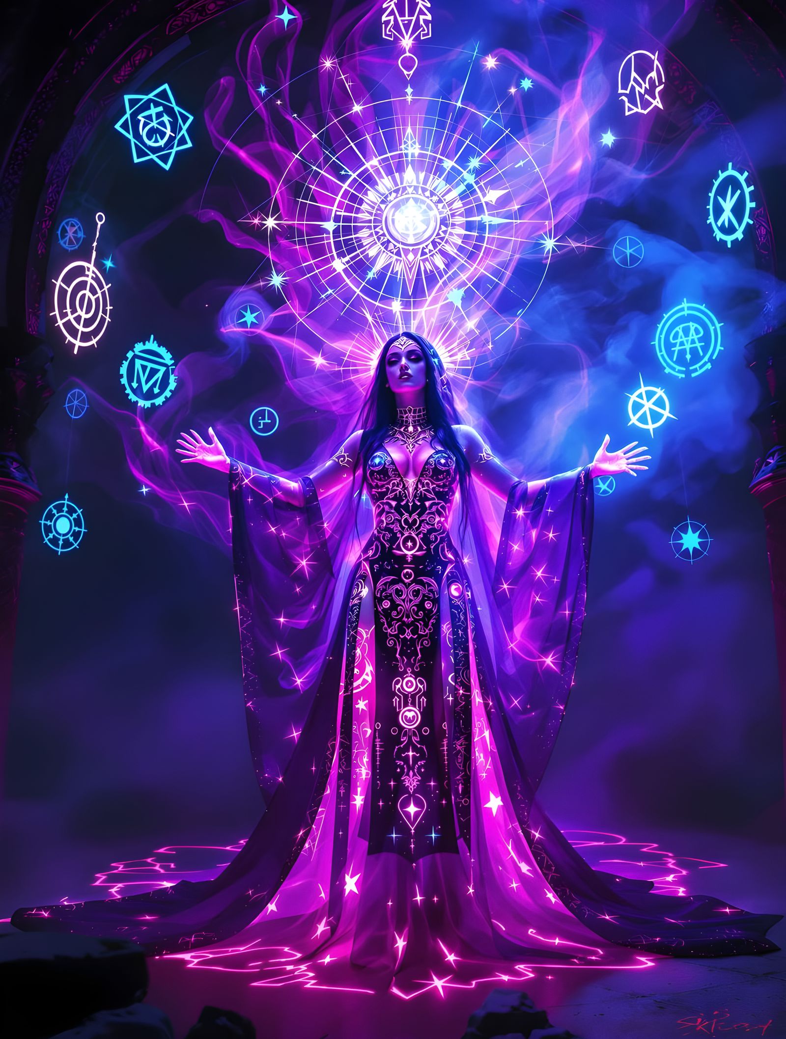 Ethereal Priestess in Cyberpunk Ritual Chamber