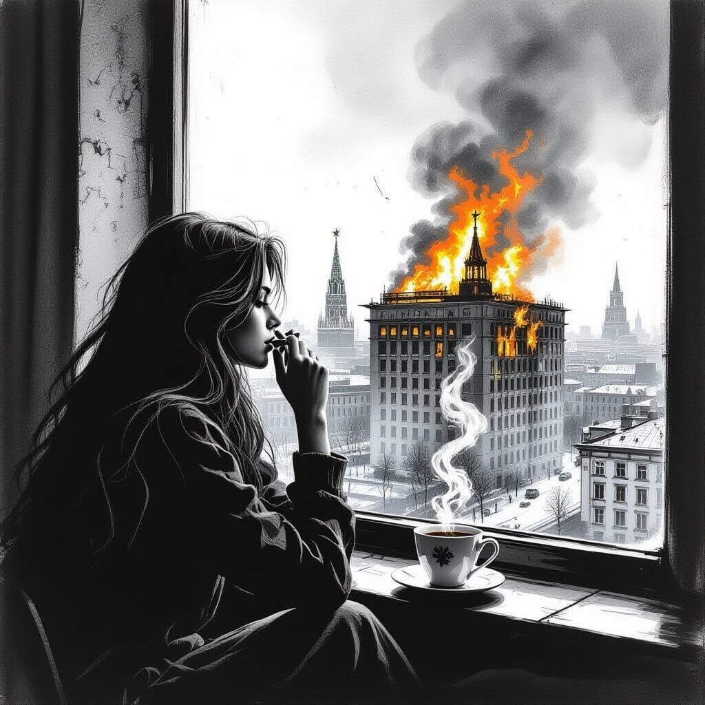 Girl Gazing at Burning Building, Charcoal Drawing