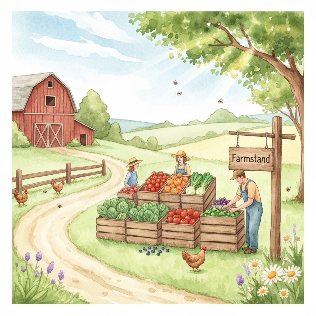 Watercolor Farmstand Scene with Fresh Produce