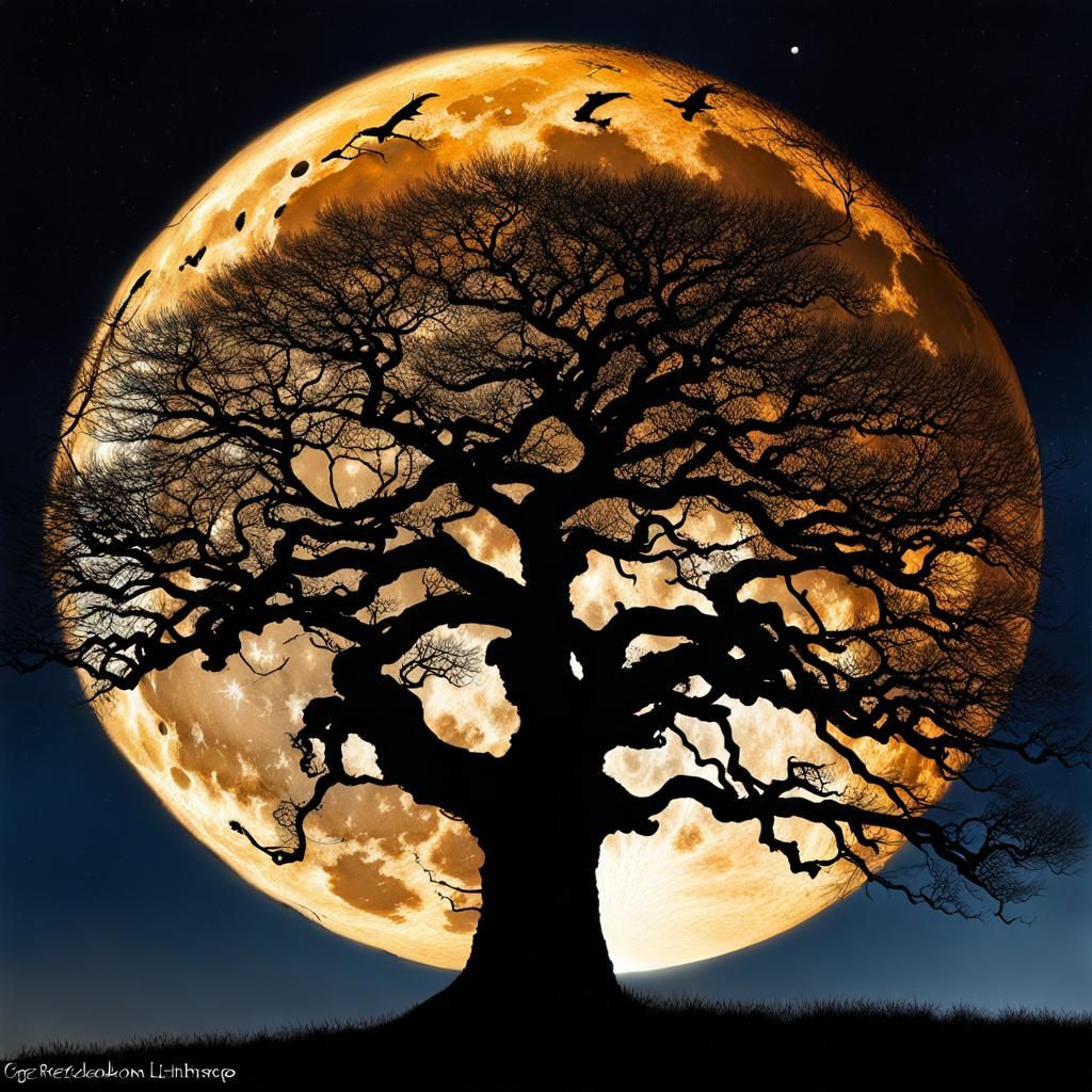 Bare Oak Tree Silhouetted by Full Moon