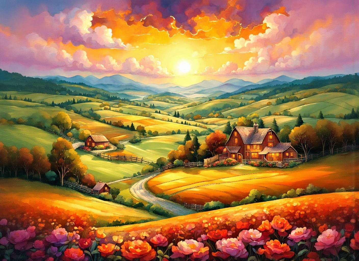 Lush Countryside Landscape in Vibrant Alcohol Ink Shades