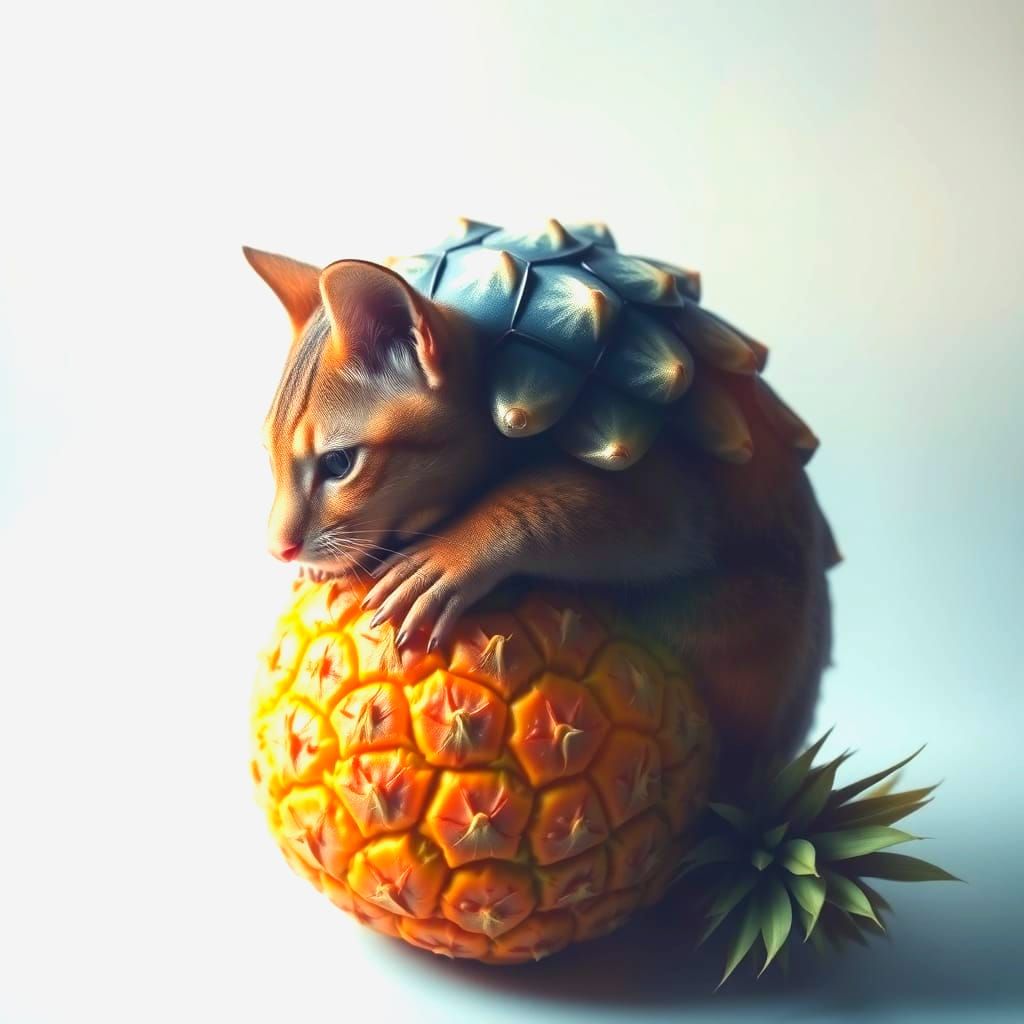 Futuristic Armadillo Cat Hybrid Enjoys Tropical Fruit