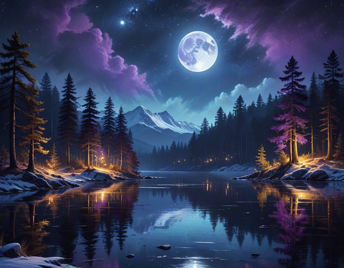 Snow Moon Over Lake: Vibrant Oil Painting