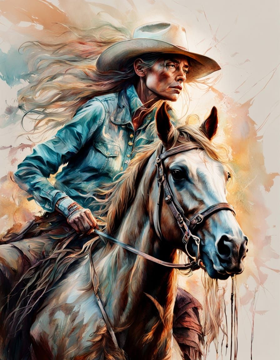 Old Cowgirl on Horse in Dreamlike Pastel Art