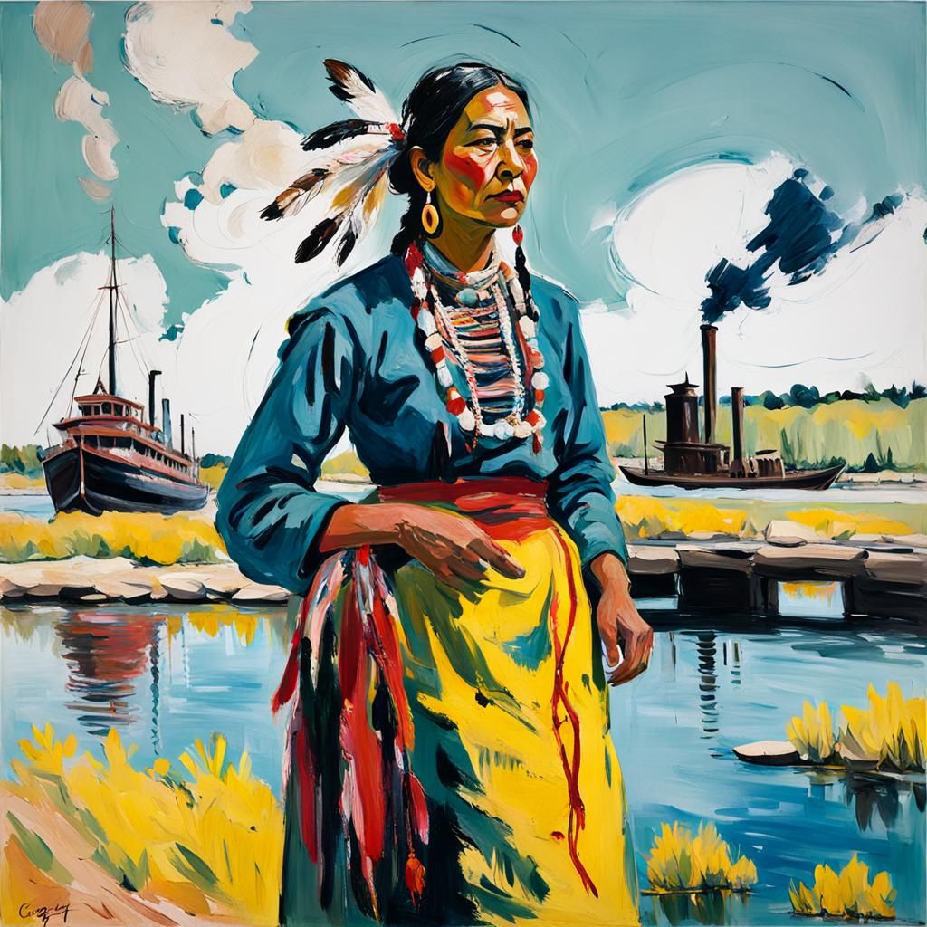 A Native American woman in traditional clothing stands on a riverbank, a steamboat behind her in the style of Georg Base...