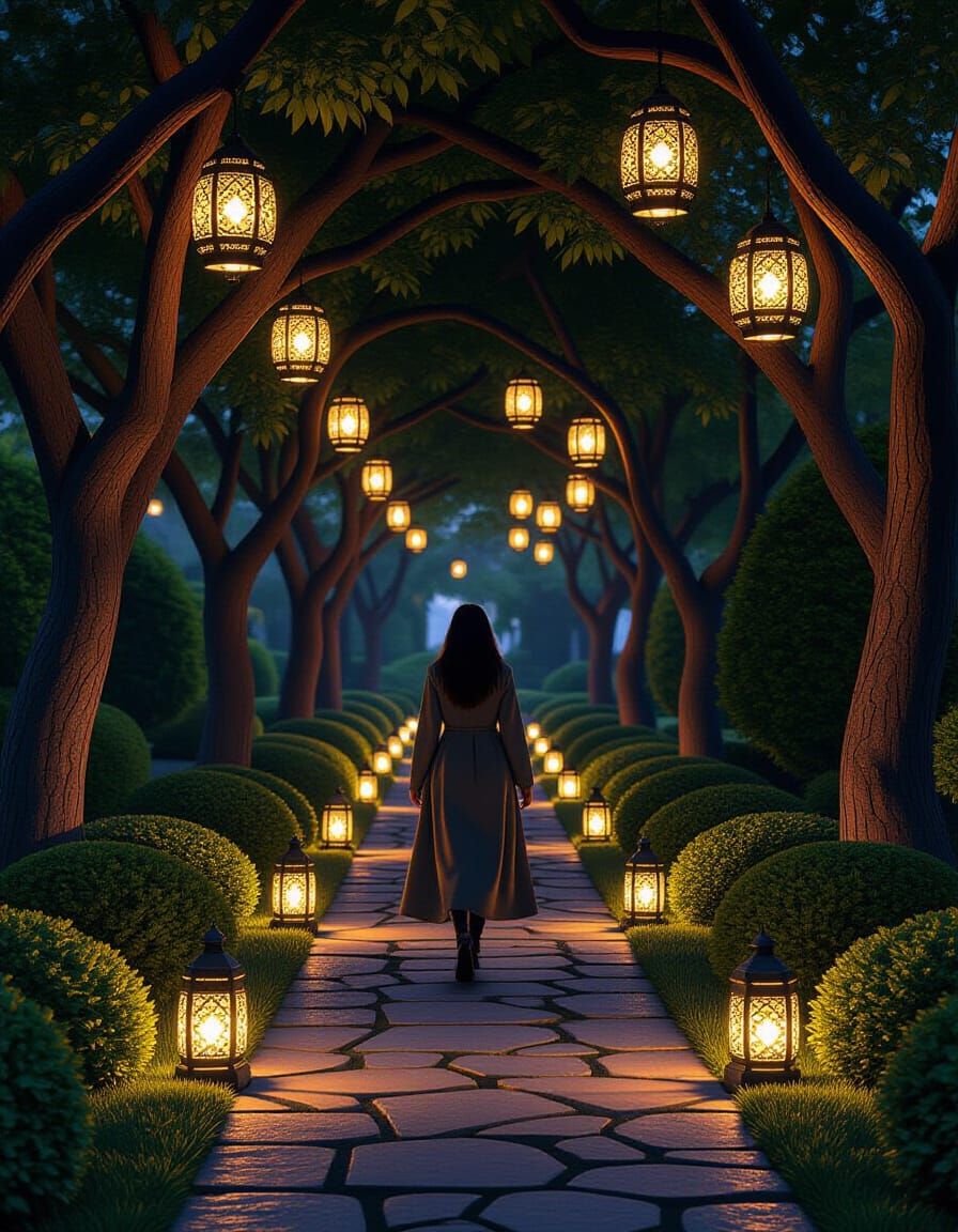 Lanternlit Garden Path in Photorealistic Style