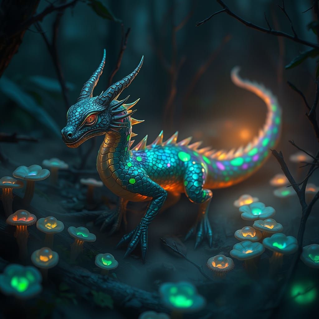 Mythical Dragon Emerge from Iridescent Fungal Forest
