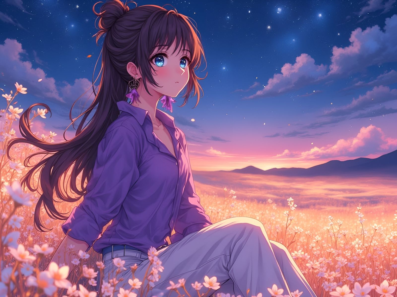 Anime Woman in Flower Field, Watercolor Style