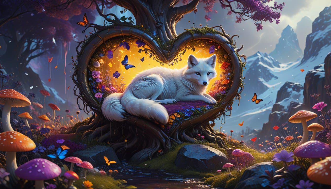 Surreal Arctic Fox Dreams in a Vibrant Love Tree Paradise