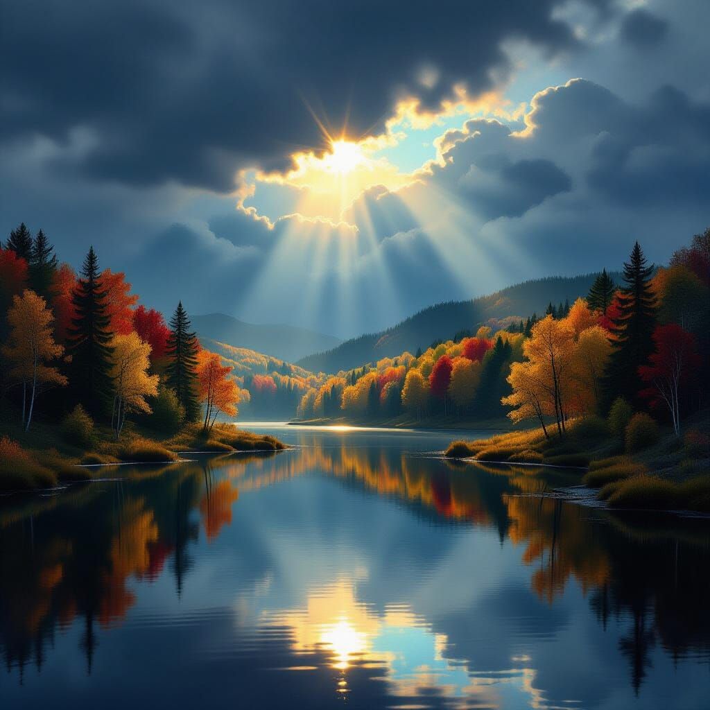 Vibrant Autumn Forest with Dramatic Light and Reflections