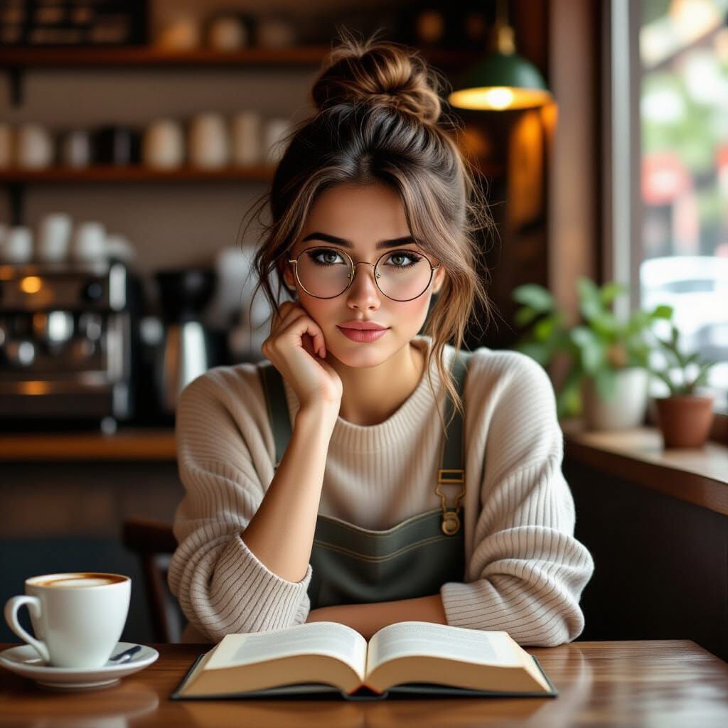 Barista Girl Reads Book in Cozy Cafe, Digital Art