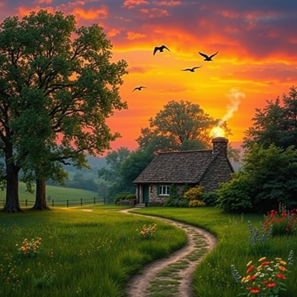 Idyllic Sunset Cottage in a Lush Countryside