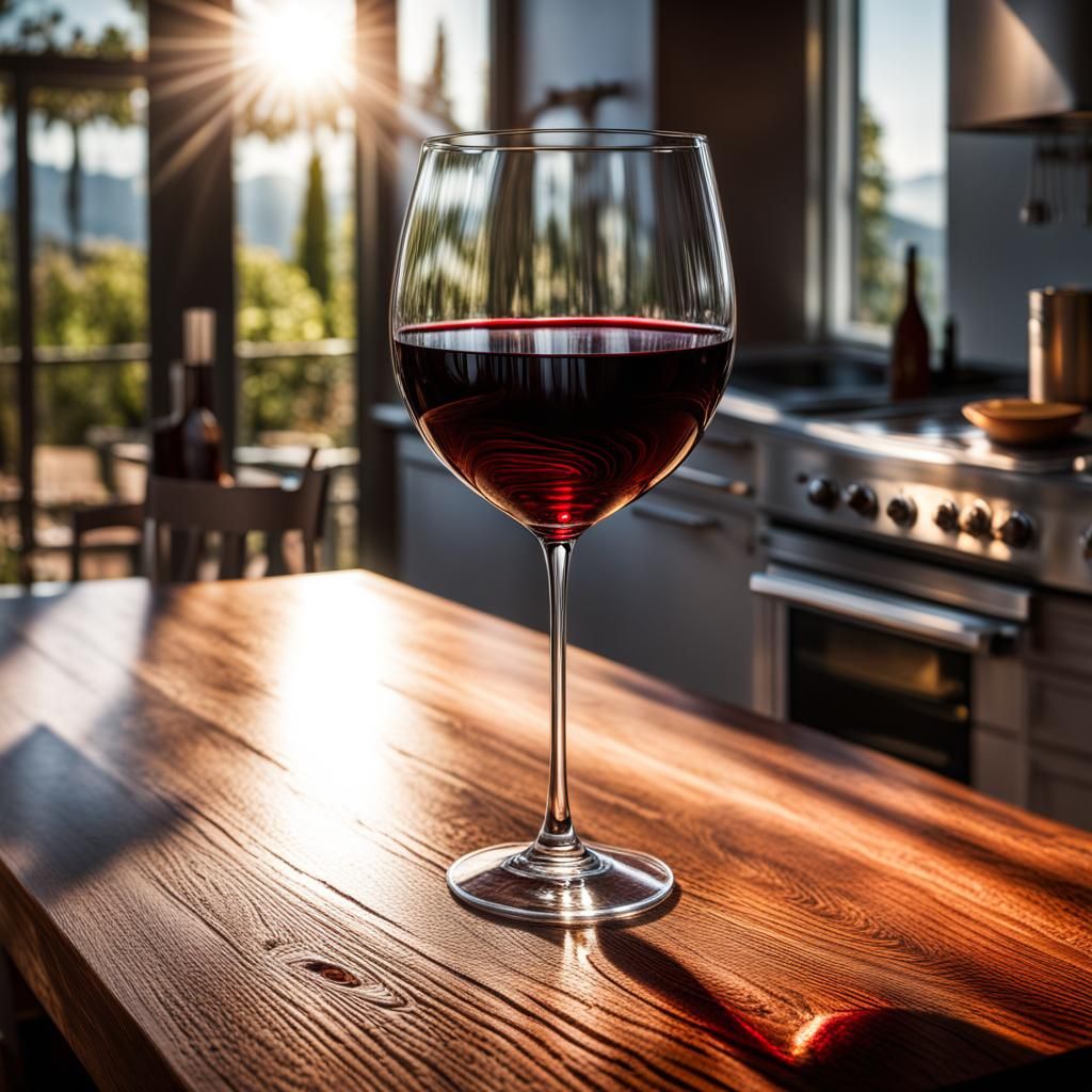 Red Wine in Sunlight: Hyperrealistic Kitchen Scene