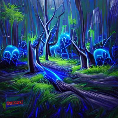 Eerie Blue Forest at Night: Digital Rendering