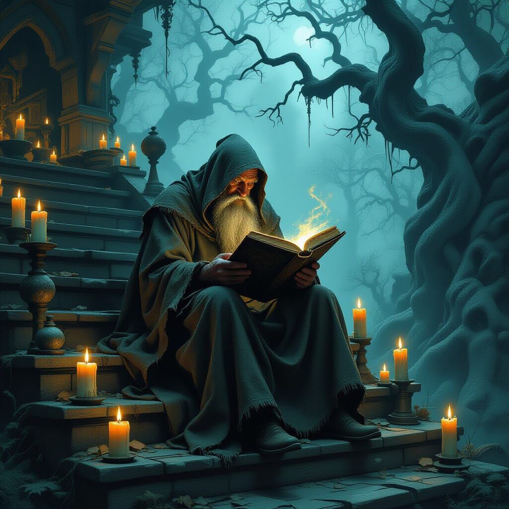 Mysterious Old Man Reads in Witch's Hut