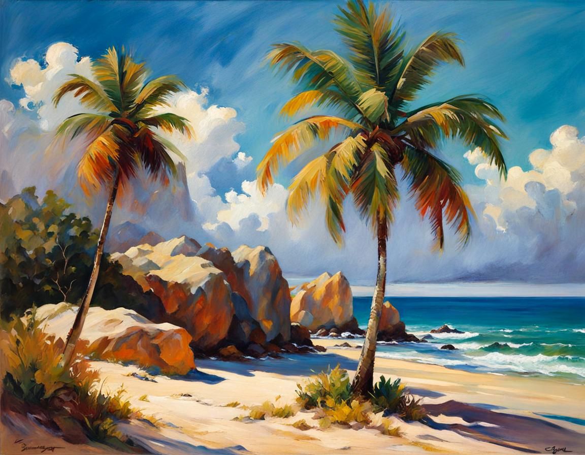 Caribbean Seascape Oil Painting in Split-Complementary Color...