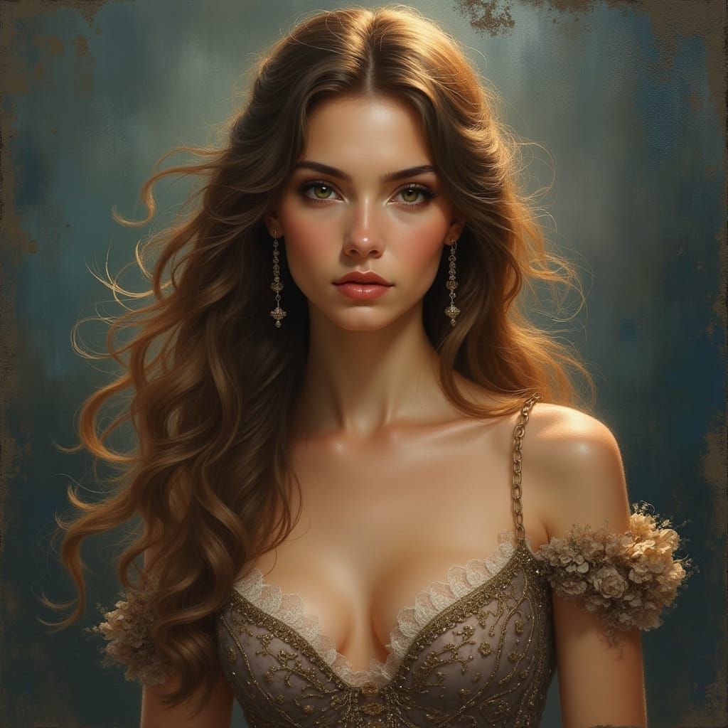 Elegant Oil Painting Portrait of a Woman in Luxurious Vintag...