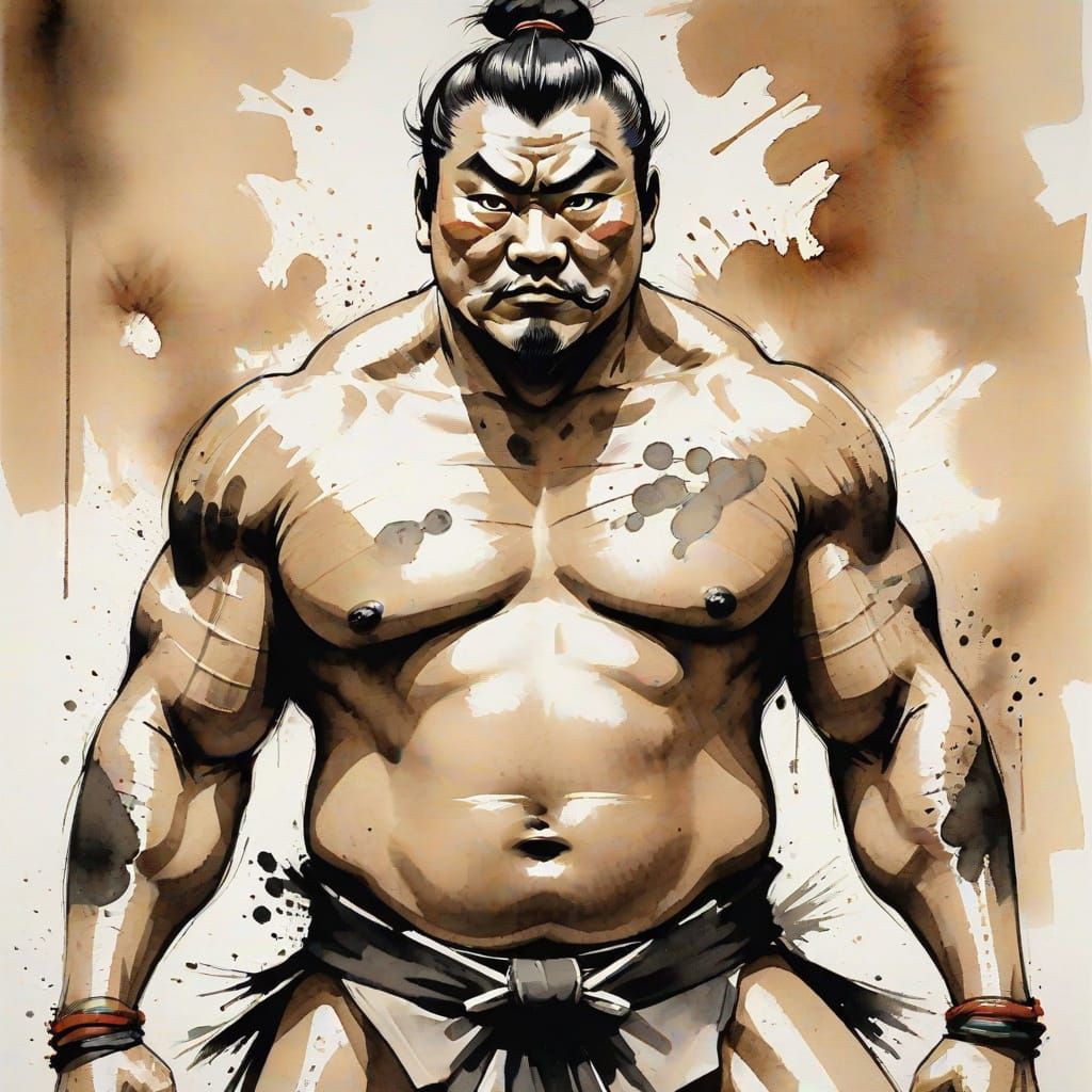 Sumo Wrestler Portrait in Japanese Ink Painting Style