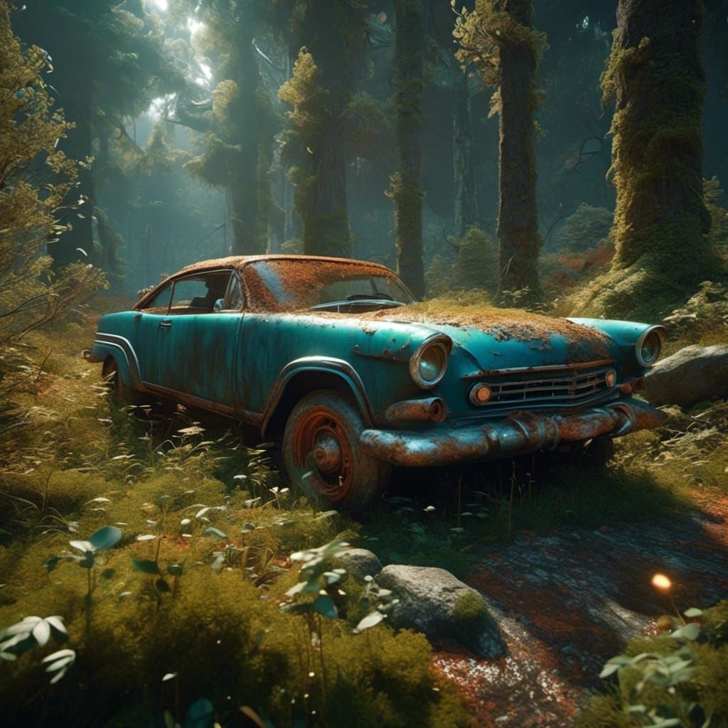 Rusted Car in Overgrown Forest Concept Art
