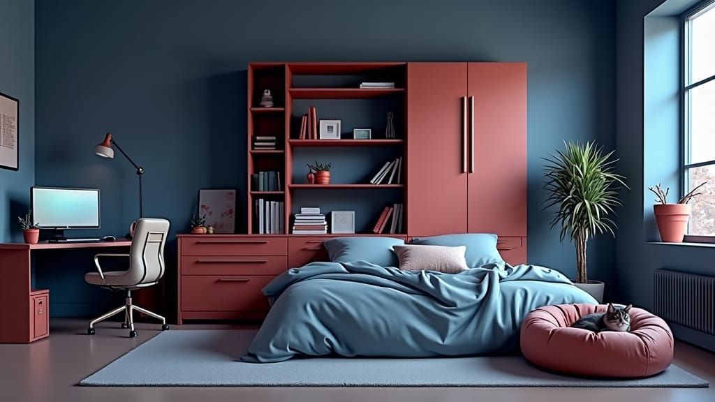 Cozy Anime Room with Cat in Three-Point Perspective