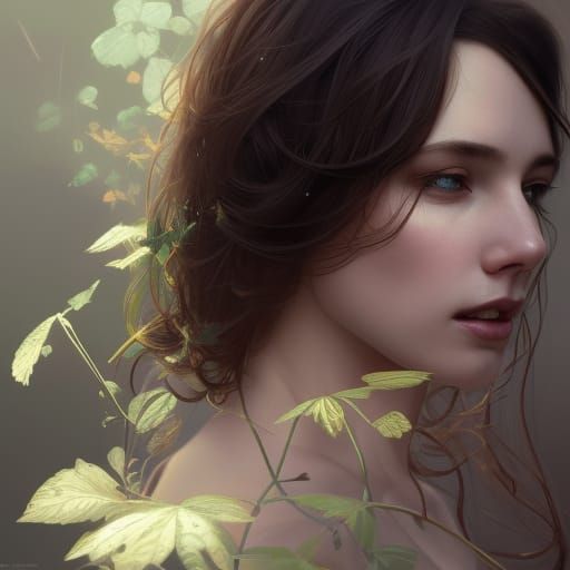 Beautiful Woman in Plant Clothes: Hyperdetailed Portrait