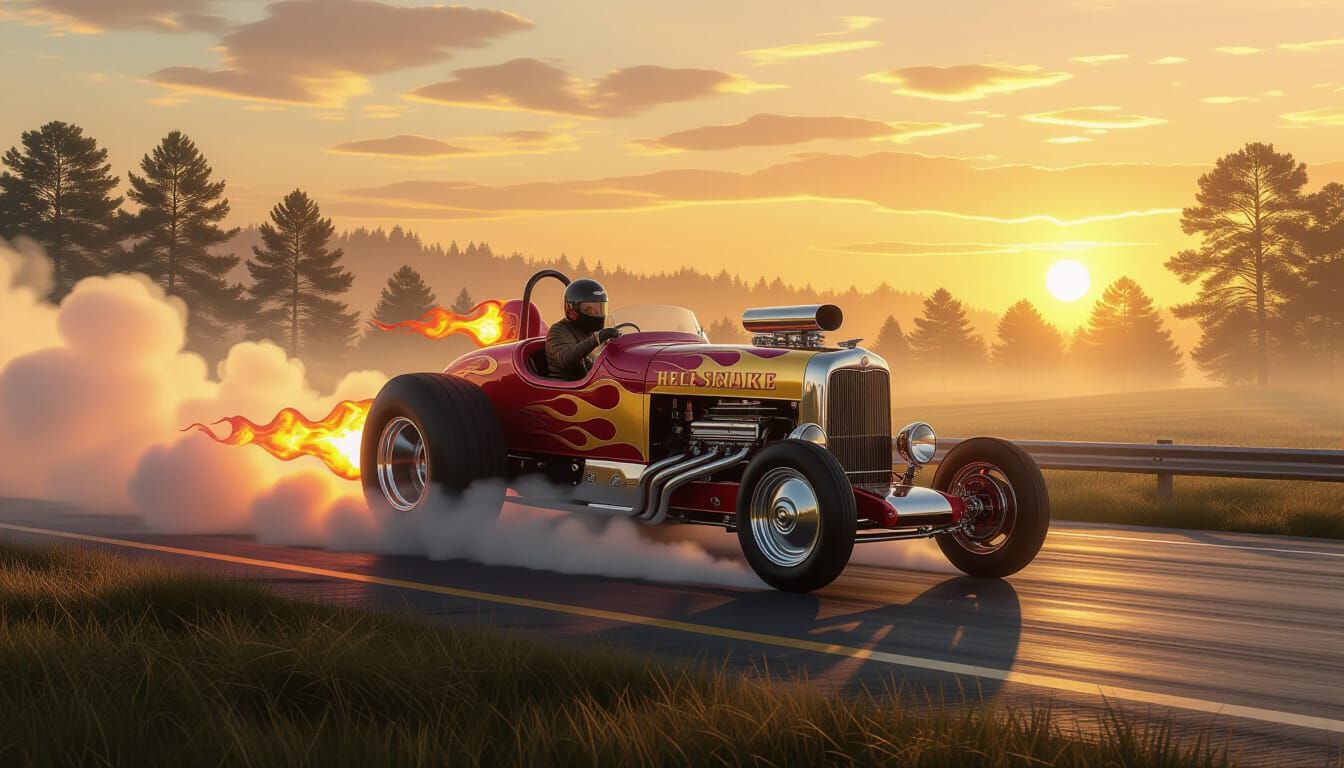 1950s Hell Snake Dragster Speeds Through Misty Fantasy Lands...