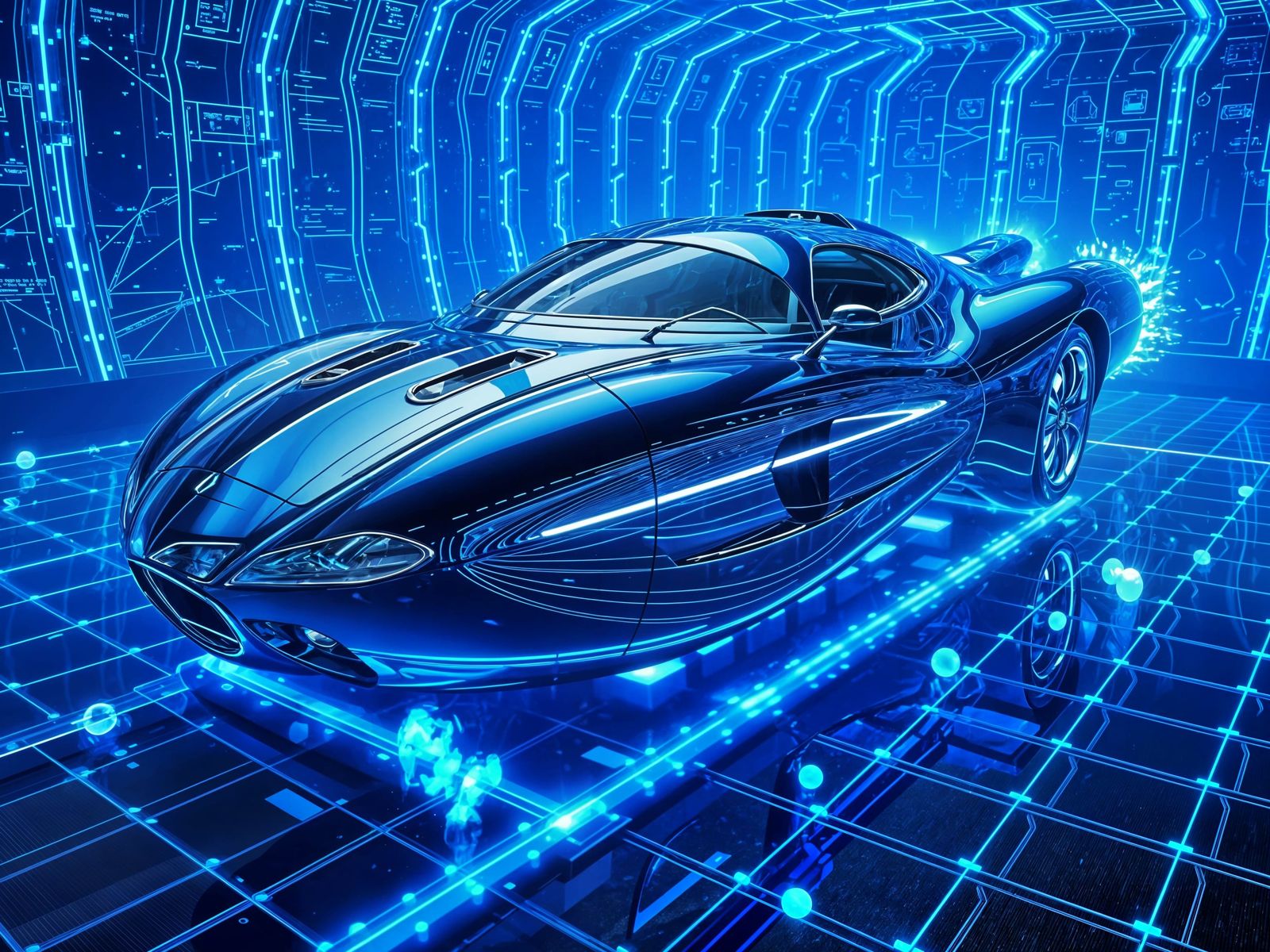 Blue Chrome Spaceship in Holographic Sci-Fi World