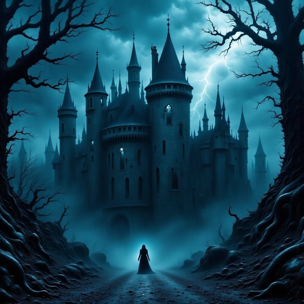 Dark Fantasy Castle in a Stormy Forest