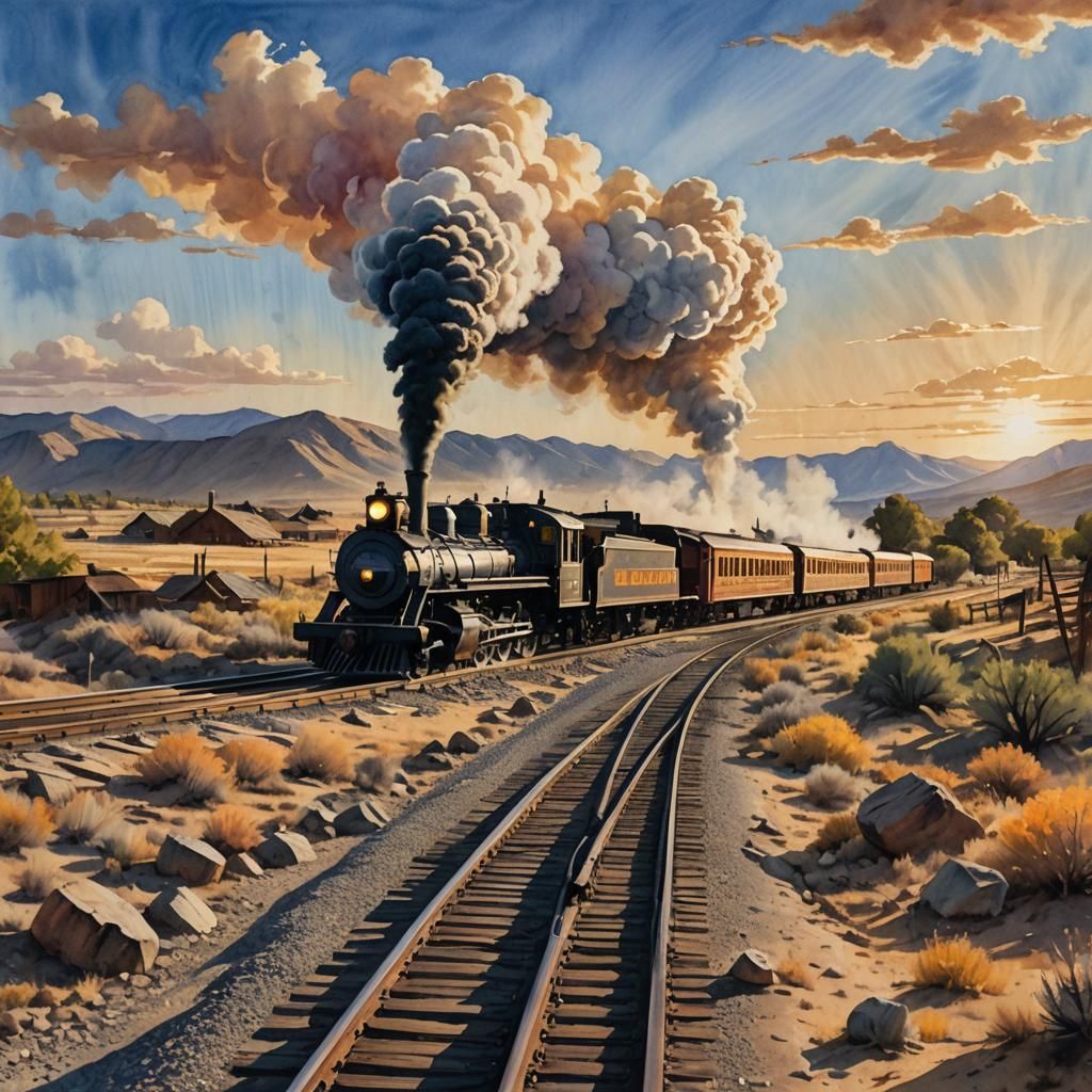 Steam Train on Transcontinental Railroad in Golden Light