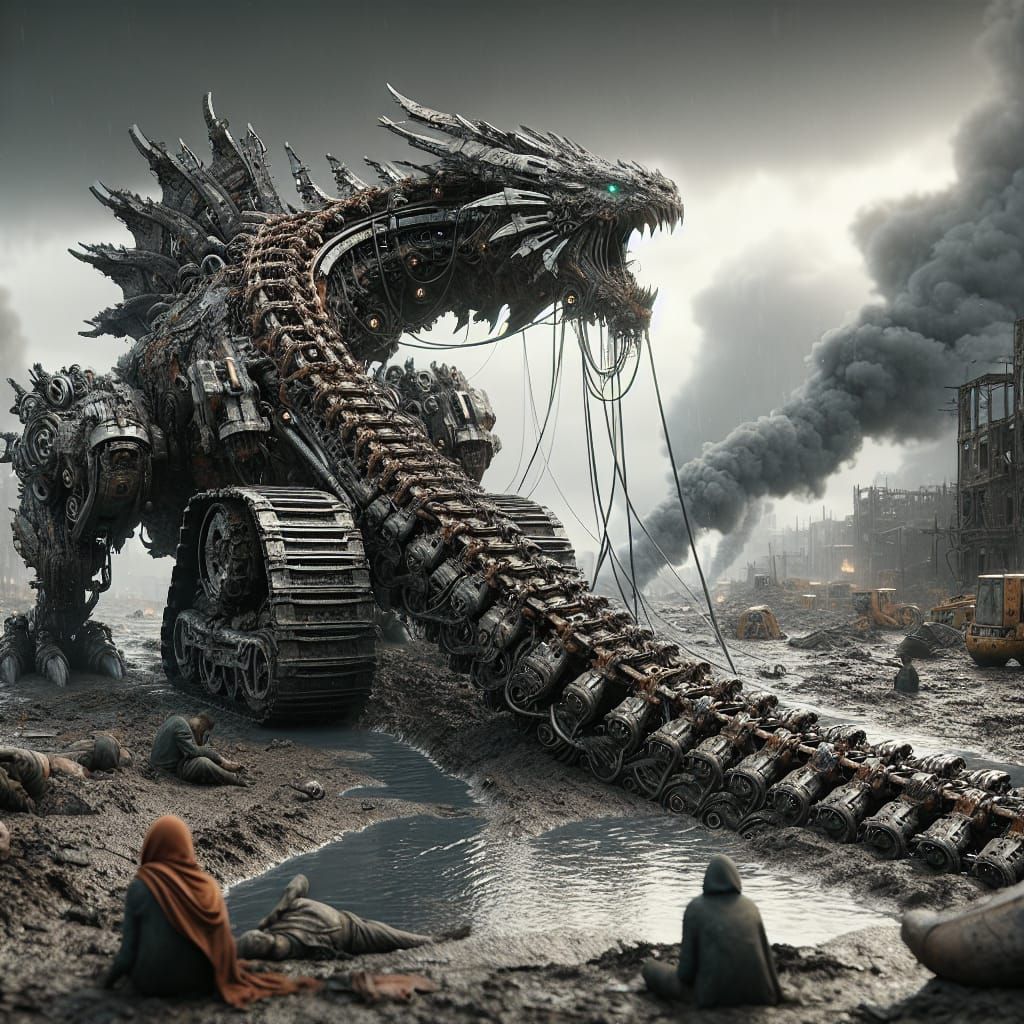 Metal Dragon in Dystopian Landscape
