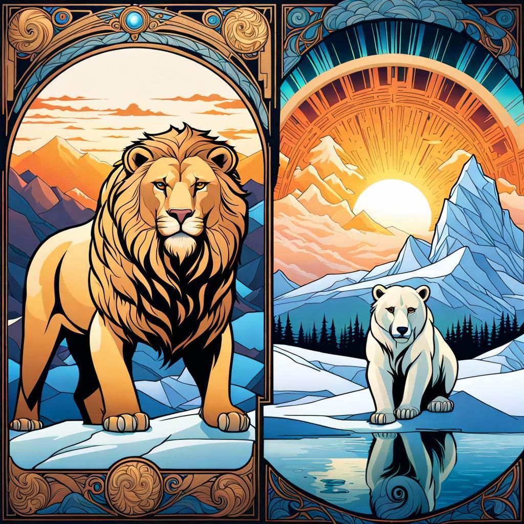 Lion and Polar Bear in Art Nouveau Style