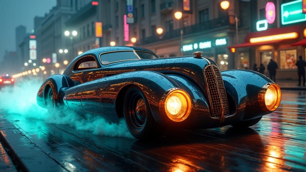 Dieselpunk Car Speeds Through Neon Metropolis