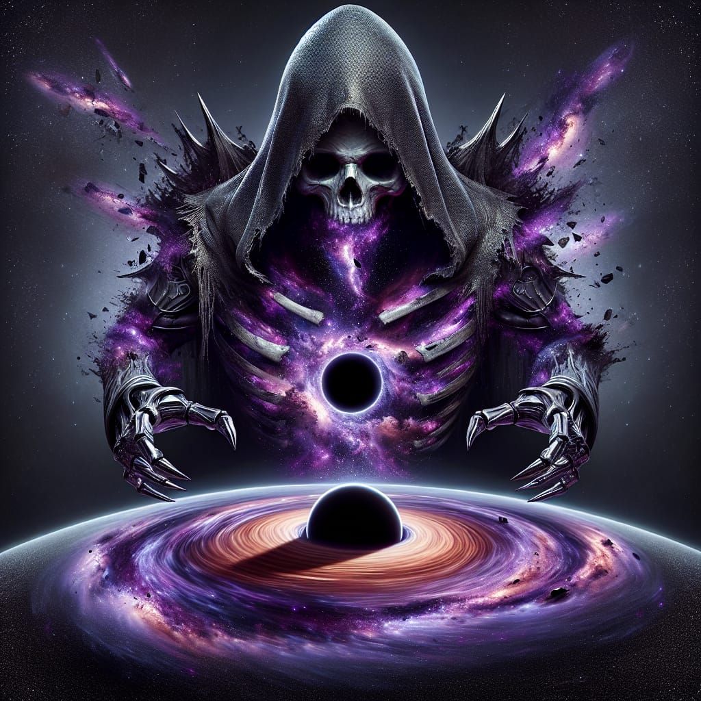 Hooded Cosmic Figure over Swirling Galaxy