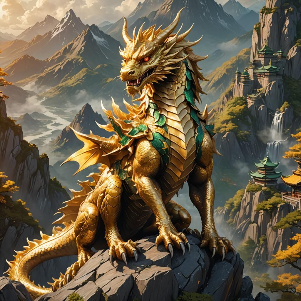 Majestic Golden Dragon on Mountain Peak in 3D Anime Art