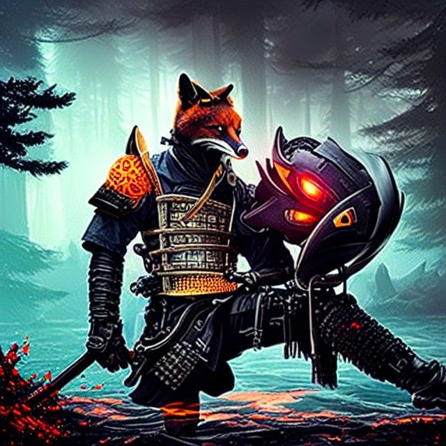 Fox Samurai with Mempo Mask in Steampunk Style
