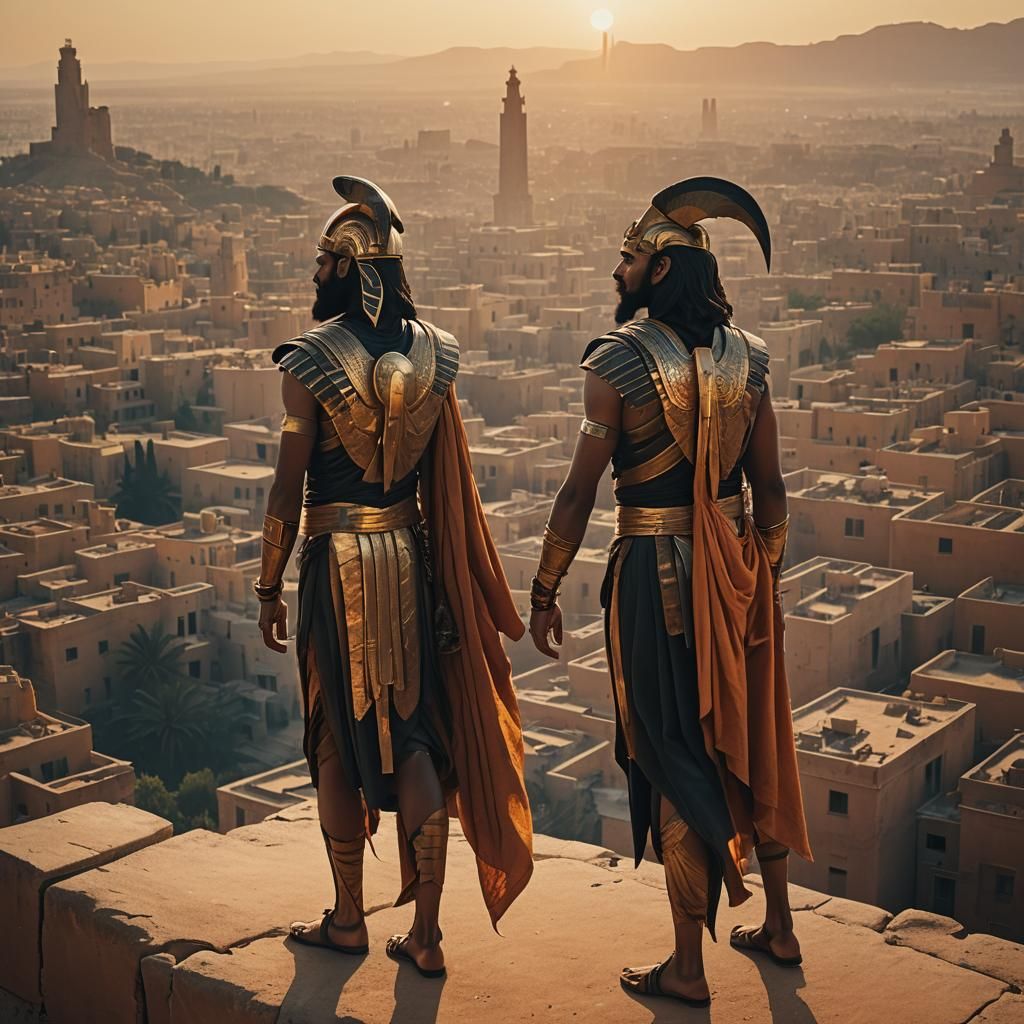 Thoth and Apollo in Ancient Cityscape