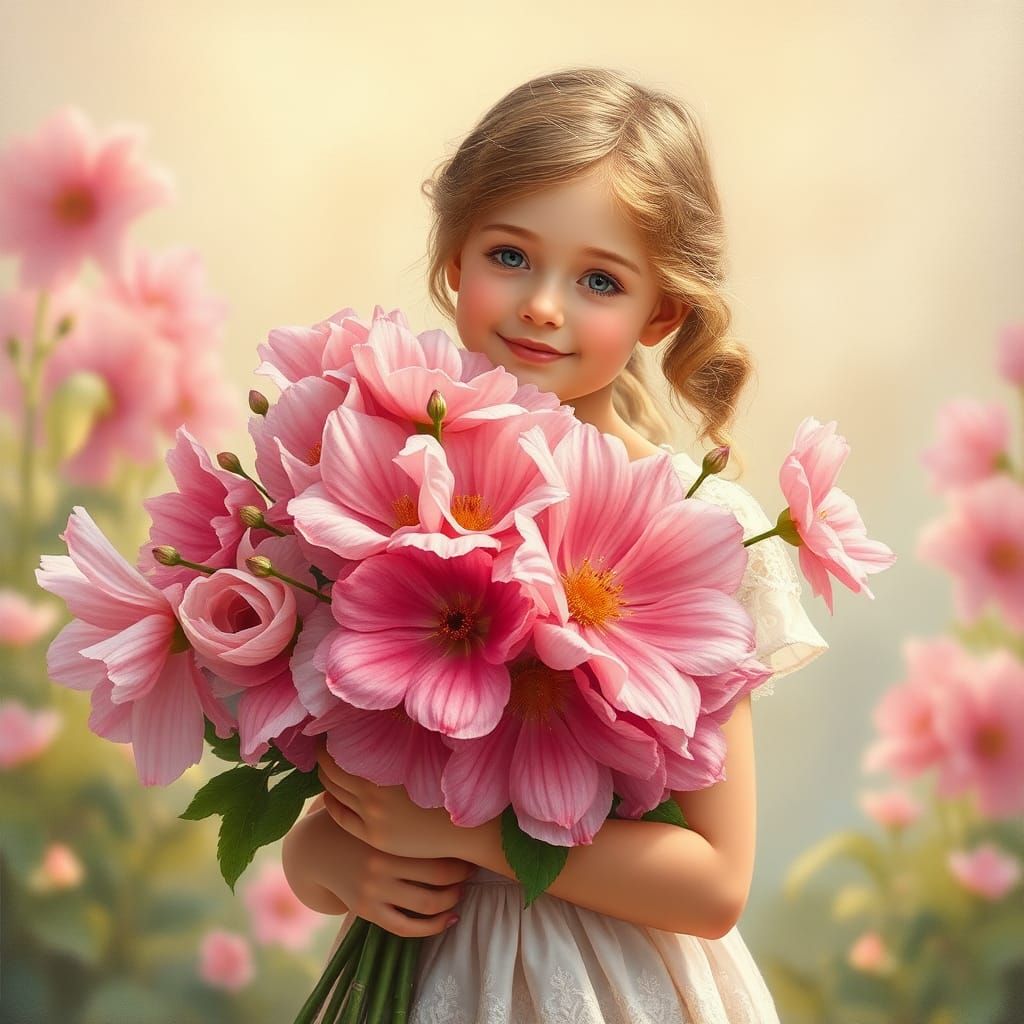 Girl with Pink Flowers in Impressionist Style