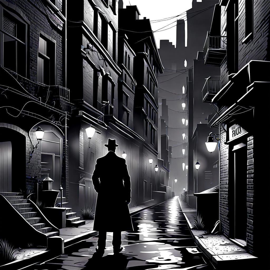 A 1930s detective investigates a hyperdetailed back alley, noir illustration style. (Search: black and white)