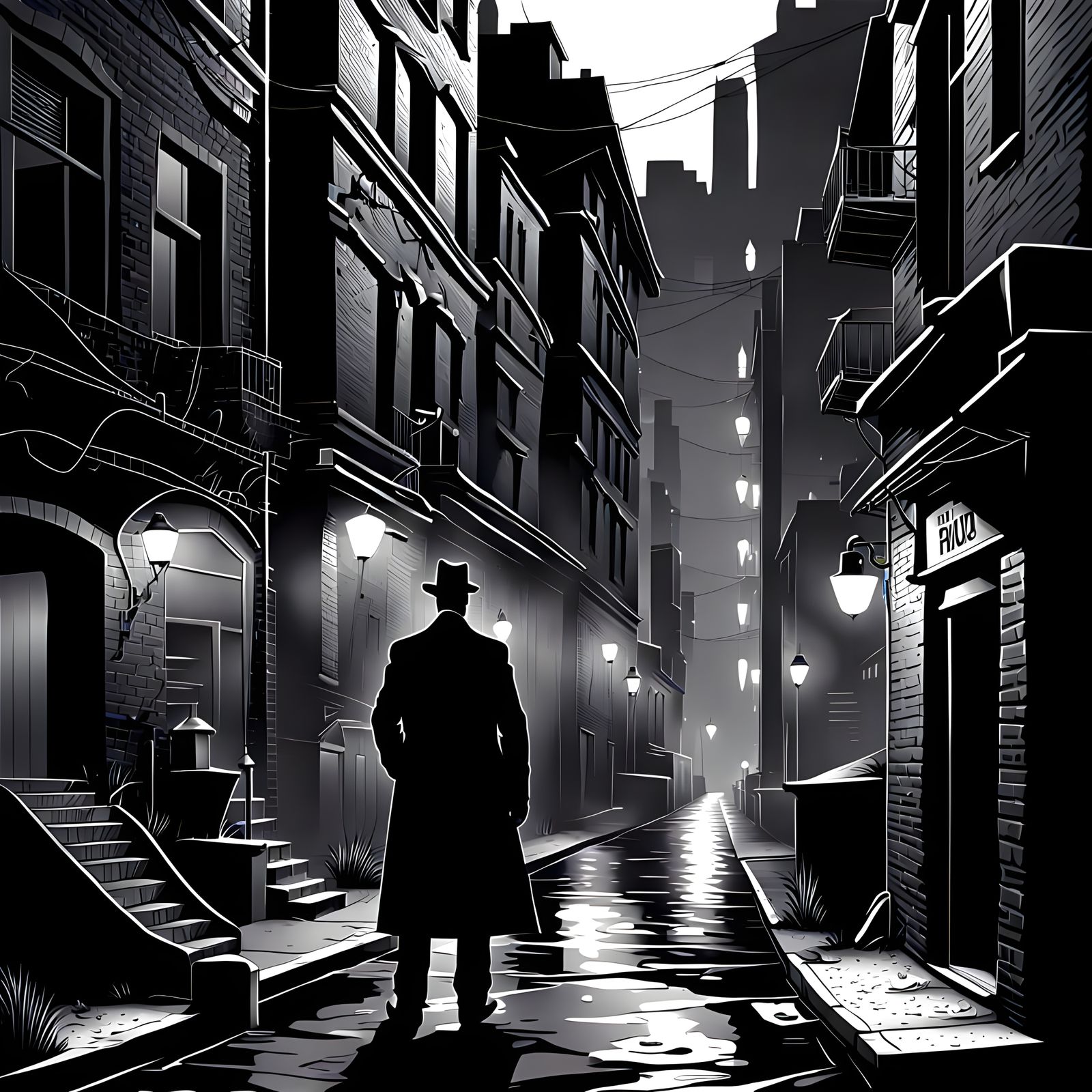 Noir detective hyperdetailed back alley (search: black and white)