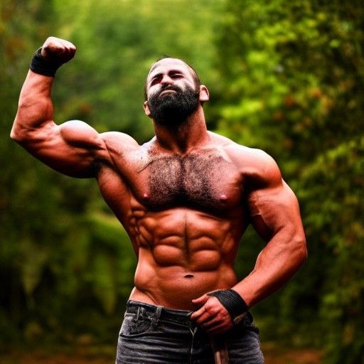 Muscular Gladiator Flexing in Jungle Arena