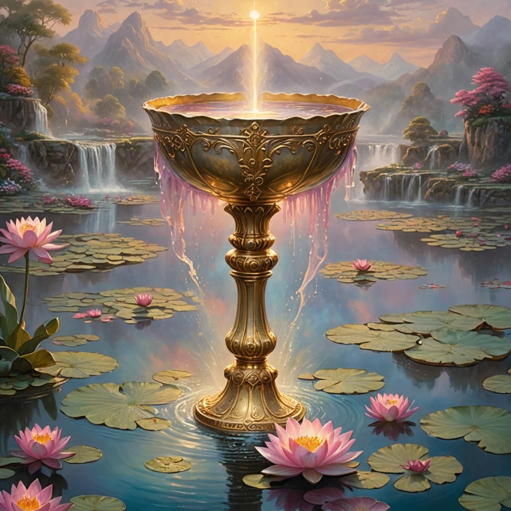 Ethereal Chalice Hovering Above Water at Sunrise