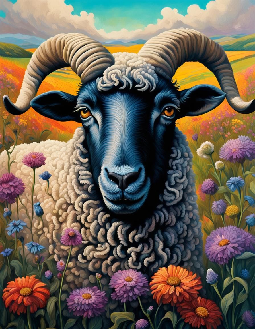 Detailed Sheep Portrait in Tretchikoff Style