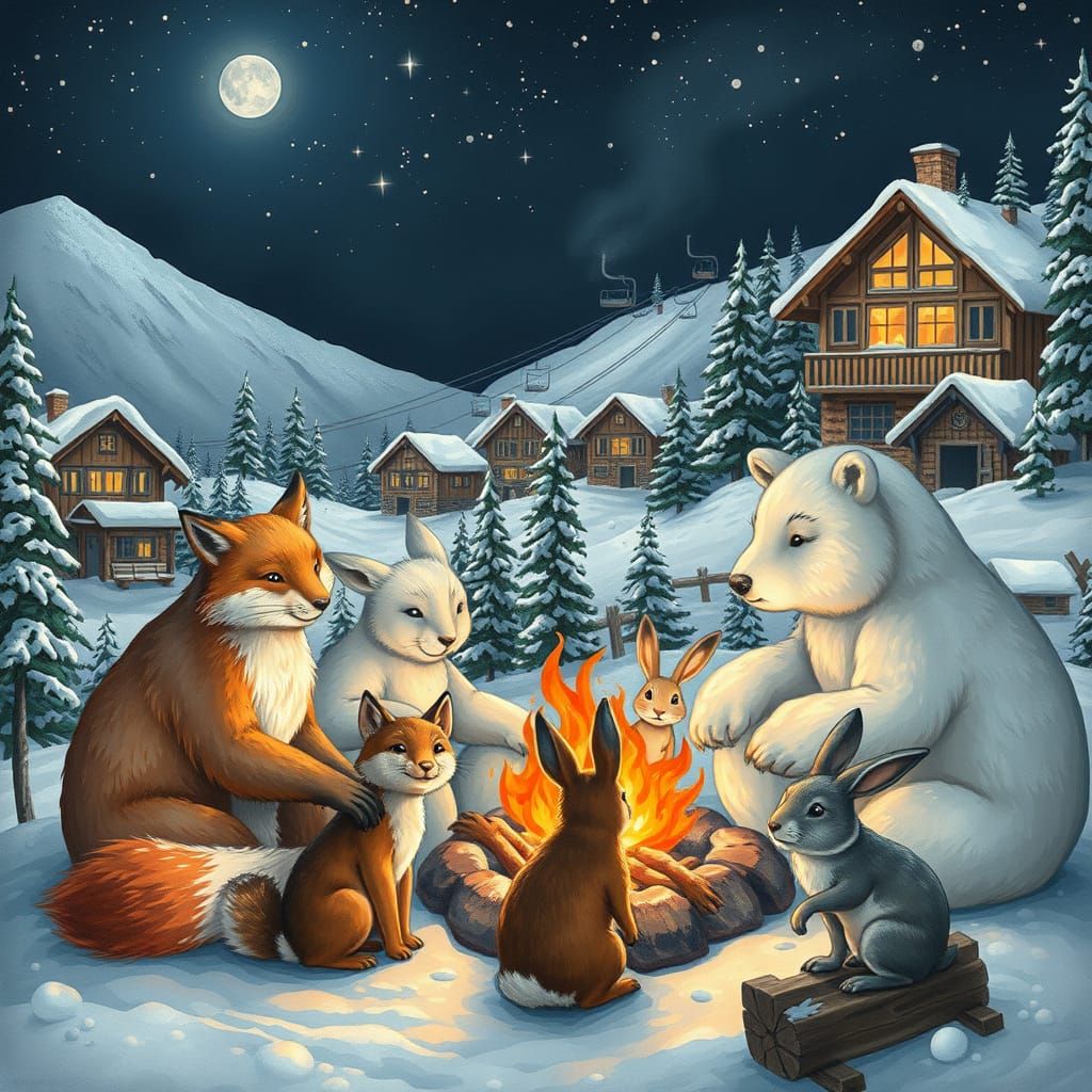 A campfire with winterfoxes, icebears and winterrabbits. Background a ski resort with chalets and a skilift