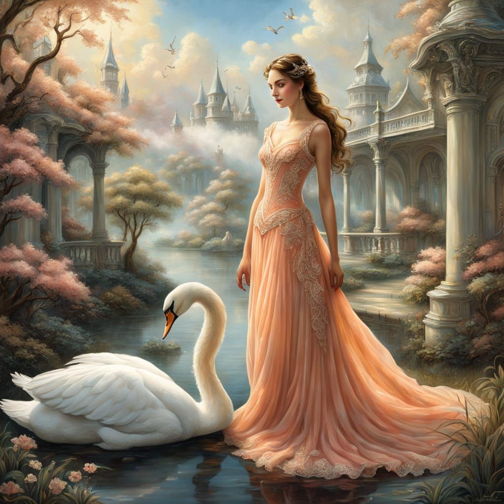 Elegant Lady in Waiting with White Swan, Thomas Kinkade Insp...