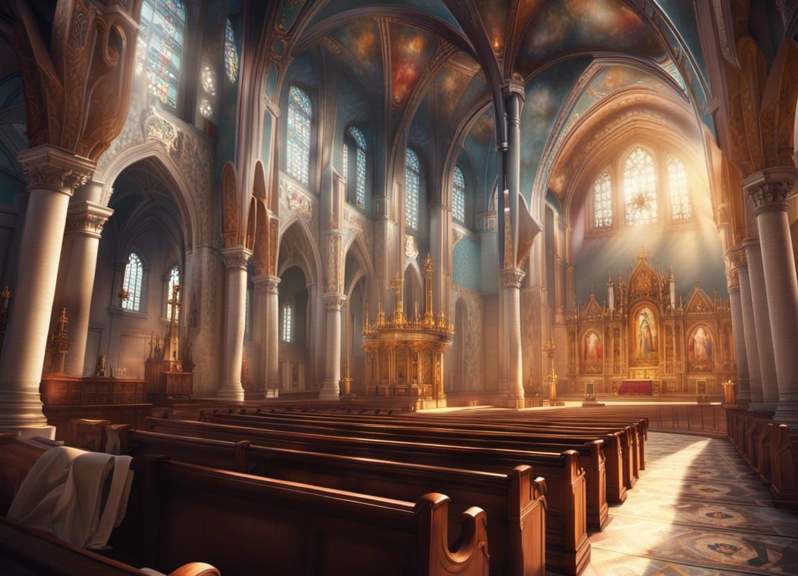 Detailed Catholic Church Interior in Splash Art Style