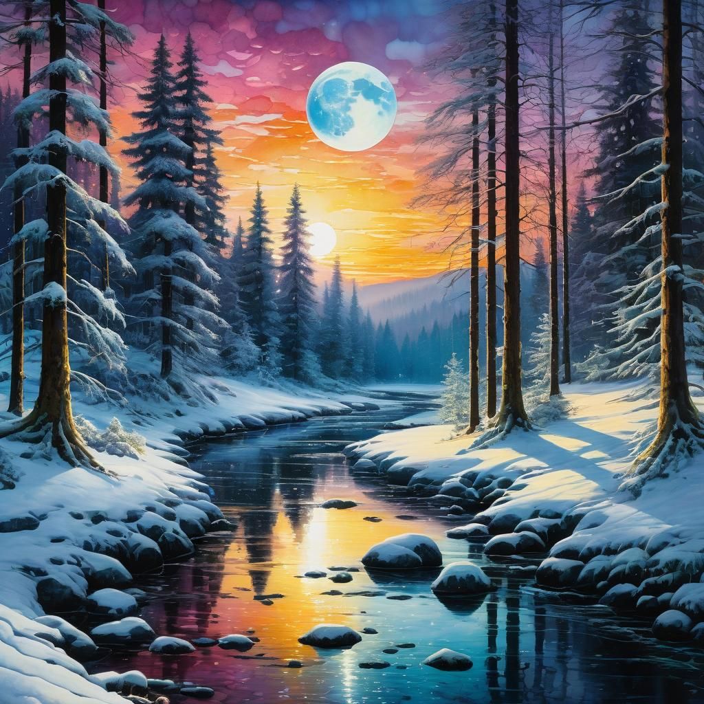 Watercolor Winter Forest River with Sun and Moon