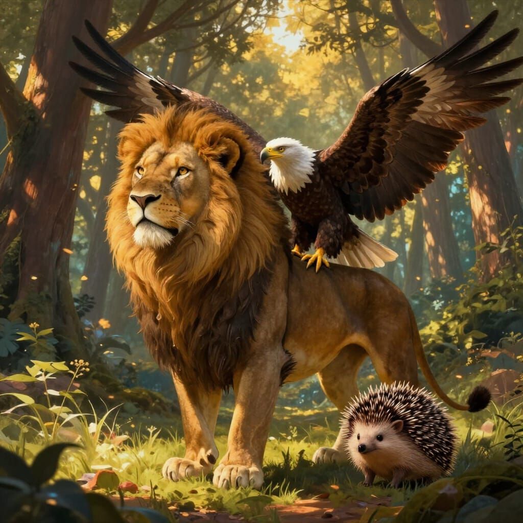 Fantastical Hybrid Creature with Lion, Eagle, and Hedgehog T...