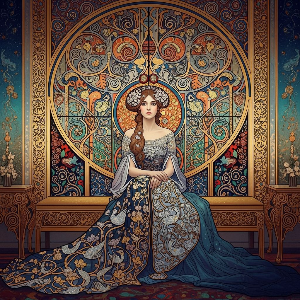 Elegant Woman in Lavish Room: Art Nouveau Surrealism