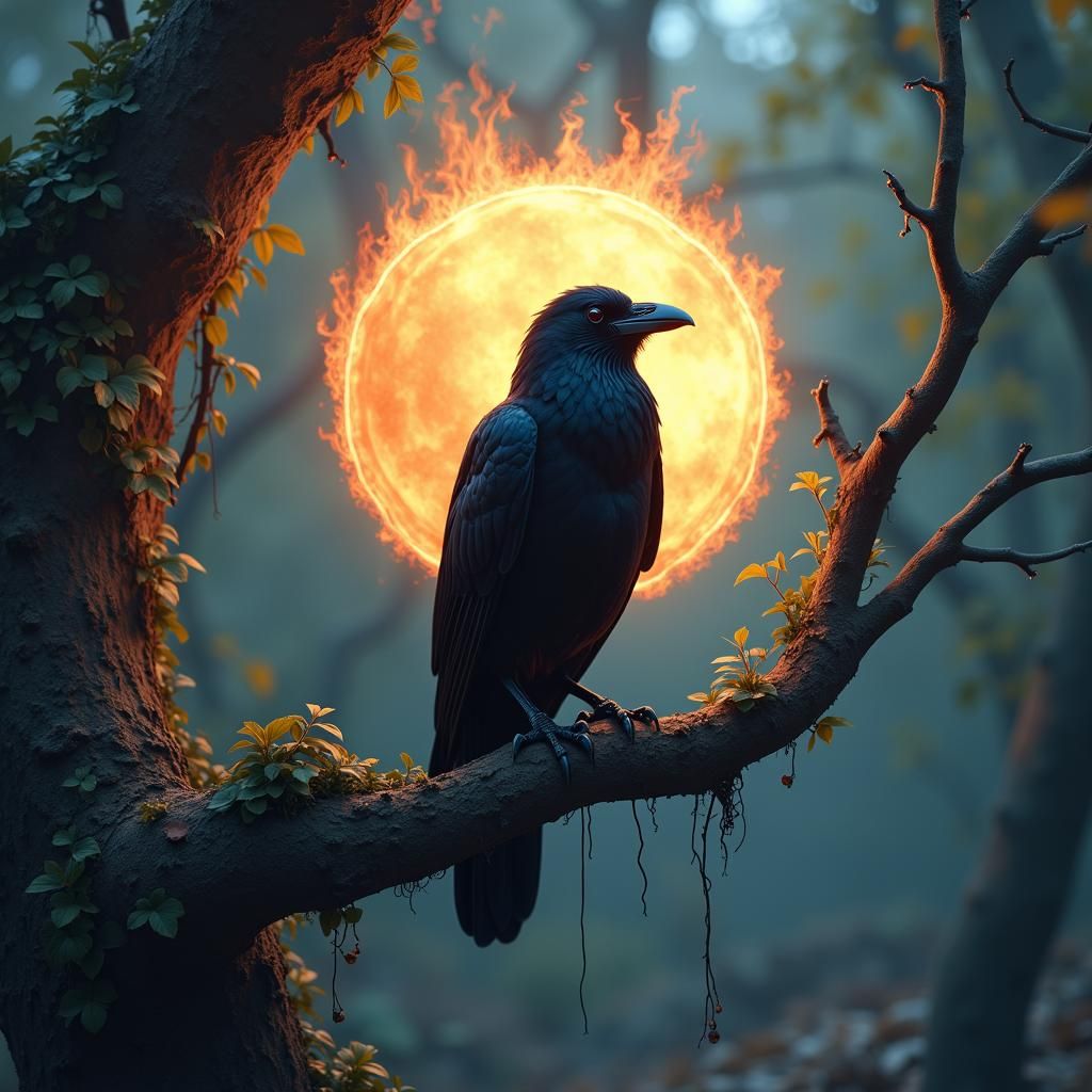 Mystical Raven in Flaming Gothic Forest